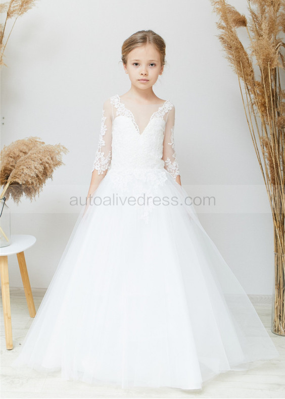 Ivory Lace Tulle Buttons Back Flower Girl Dress